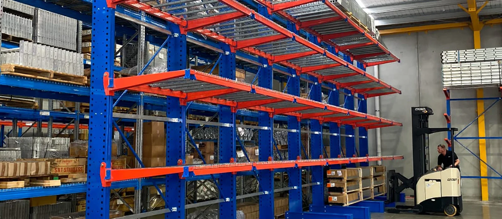 Intaks Heavy Duty Cantilever Racking with Support Bars and Mesh Decks
